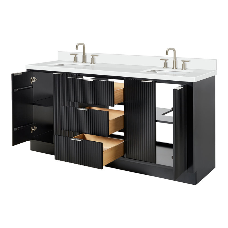 Meuble-lavabo double 72 po en bois massif avec plateau en quartz blanc 1,5 po et lavabo rectangulaire noir, Rectangulaire