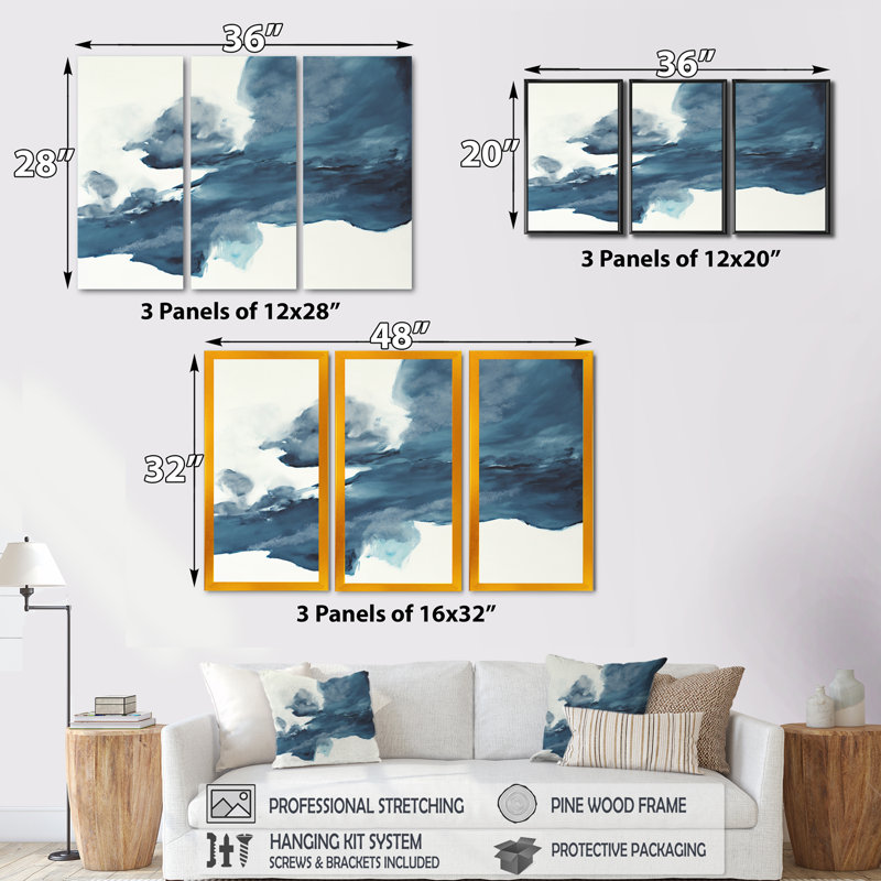 Saphir bleu nébuleux III Saphir bleu nébuleux III - 3 pièces sur toile, Toile encadrée noire, H 28 po x l 36 po x P 1 po