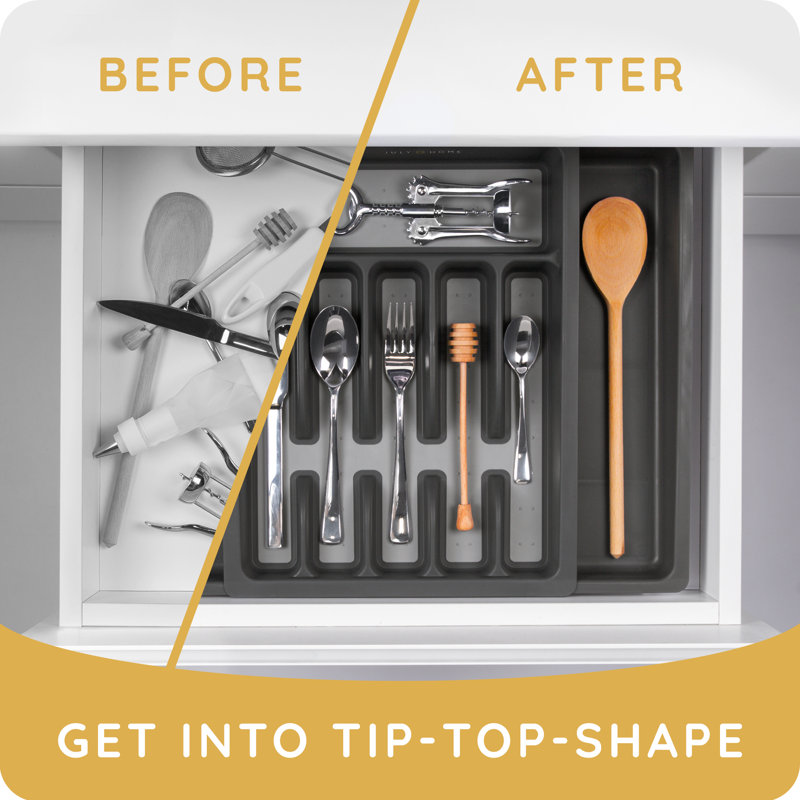Organisateur de tiroir de cuisine en plastique - Range-ustensiles extensible avec porte-ustensiles et plateau à ustensiles