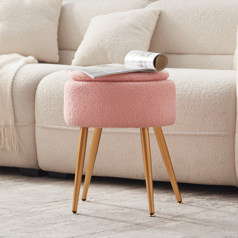Tabouret de coiffeuse rembourré en polaire Teddy avec rangement et dossier pliant, Rose