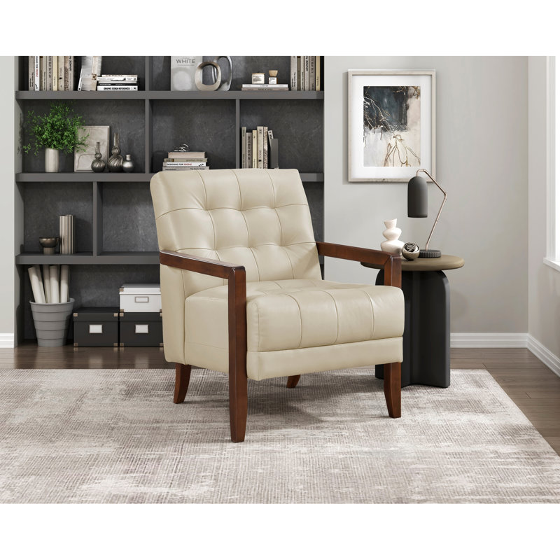 Fauteuil contemporain en cuir beige, respirant et d'appoint avec accoudoirs roulés au fini noyer, Beige