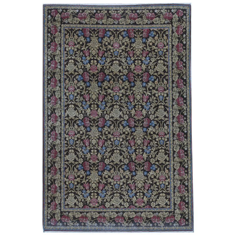 Tapis rose, beige et noir noué à la main de haute qualité