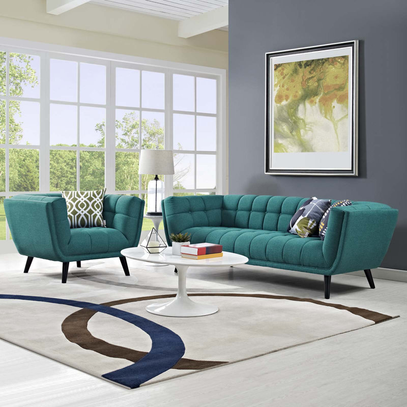 Ensemble de canapé et fauteuil rembourrés en tissu 2 pièces Bestow, Tissage bleu sarcelle