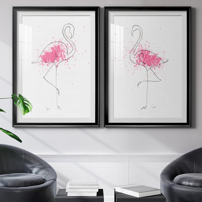 Flamingo Splash I - Encadré sous verre acrylique, ensemble de 2, grande décoration murale pour salon, Blanc