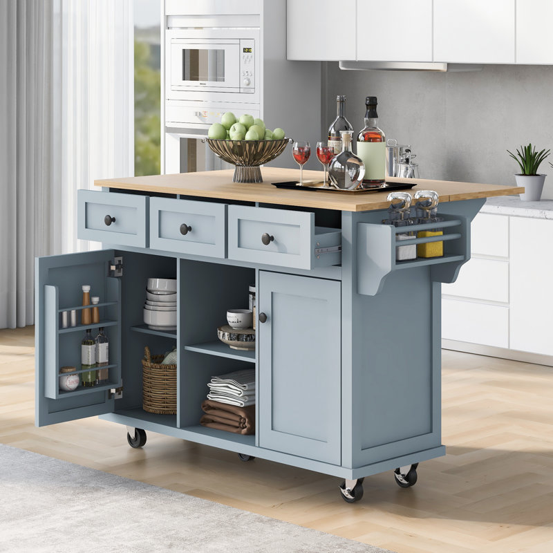 Mobile Kitchen Island Cart With Drop-Leaf Rubberwood Top, 3 Drawers, Cabinet Storage, Spice & Towel Racks, 5 Wheels, Grey Blue
