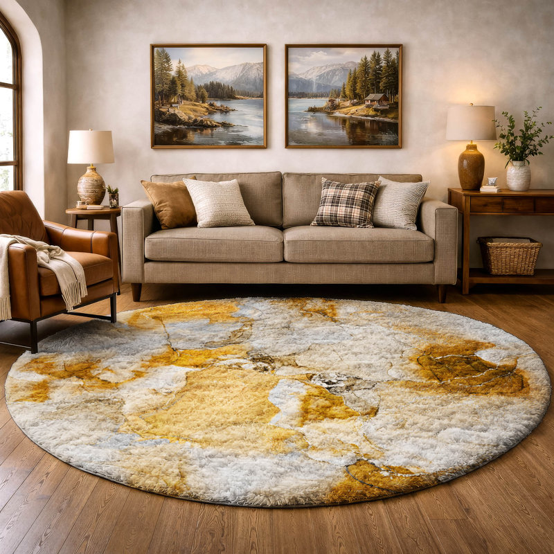 Tapis de qualité supérieure lavable à la machine à poils longs ADS526, Orange, Rond 8 pi