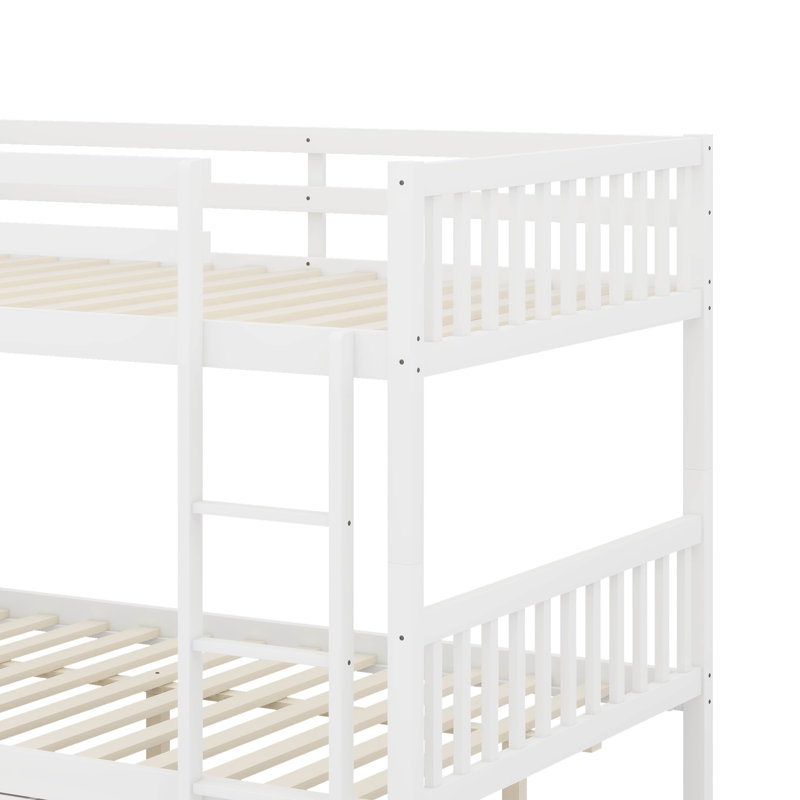 Full Over Full Rubber Wood Bunk Bed With 2 Drawers, Convertible Into 2 Beds, White