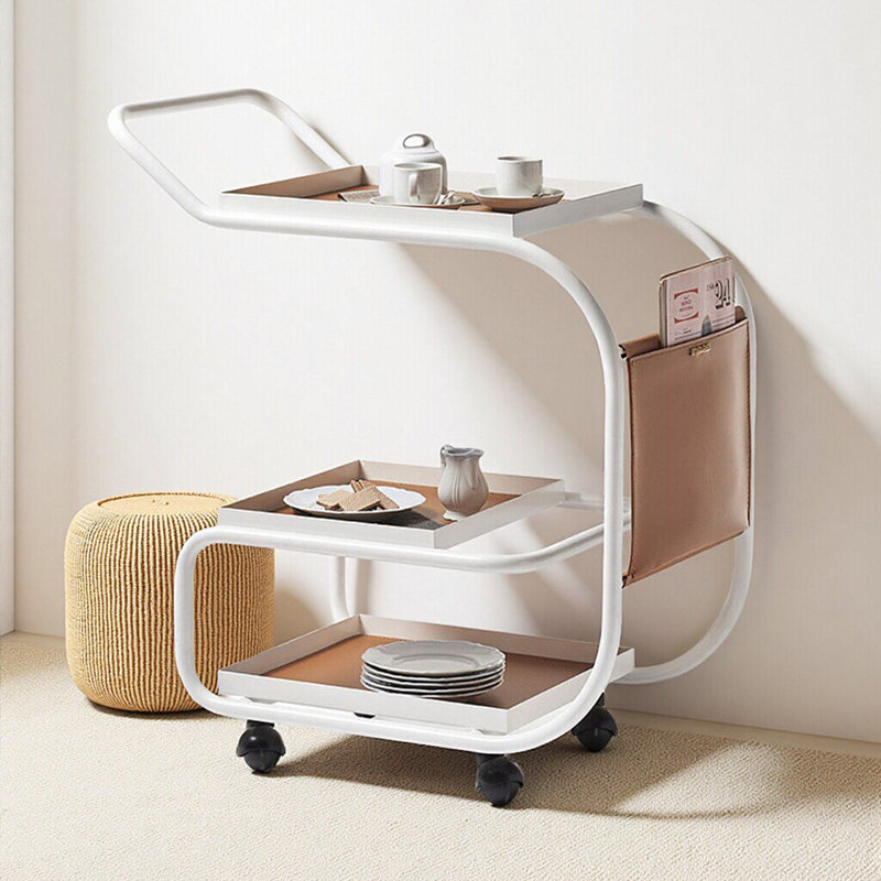 Chariot à roulettes 28,35 po à 3 niveaux en métal courbé blanc, rangement de vin mobile universel et table d'appoint