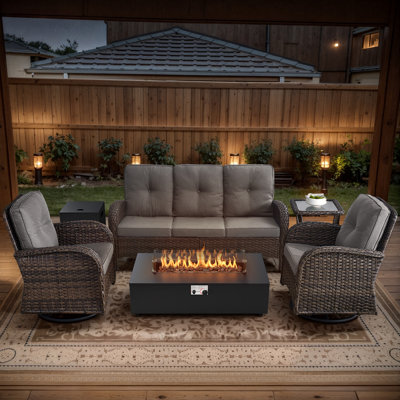 Esquer 5-Pieces Outdoor Wicker Patio Conversation Furniture Set With Rocking & Swivel Chairs And Rectangular Fire Pit Table