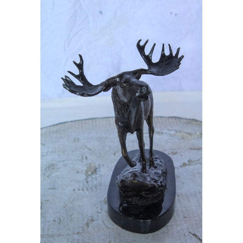 Bronze Moose Statue on Marble Base with Antlers Raised 10" x 6" x 9"H
