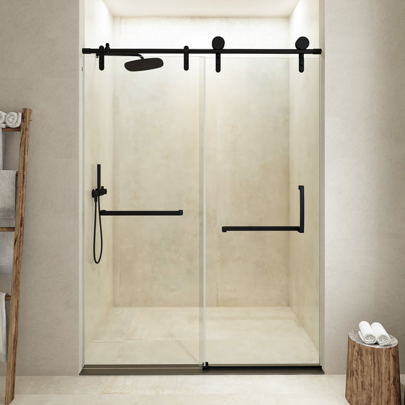 Porte de douche coulissante simple sans cadre de 56 à 60 po x H 76 po avec verre transparent, Noir mat