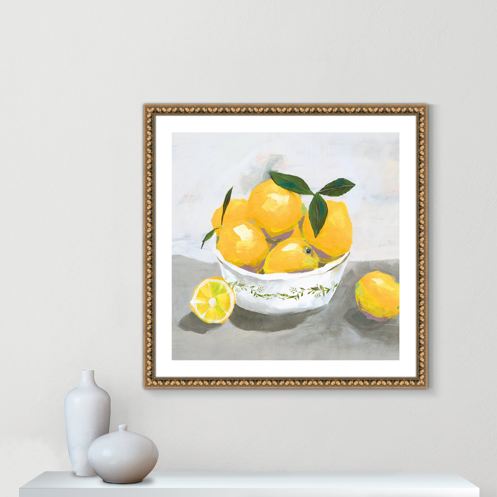 Hayons "Lemons" Painting by Isabelle Z, 33.25" H x 33.25" W x 1.13" D, Gold Bead Framed Paper