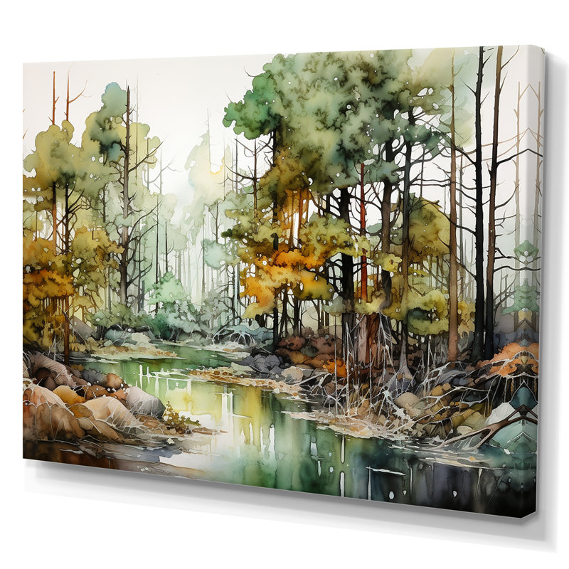 Paysage de forêt à l'encre alcoolisée sur toile, H 30 po x l 40 po x P 1,5 po, Toile tendue