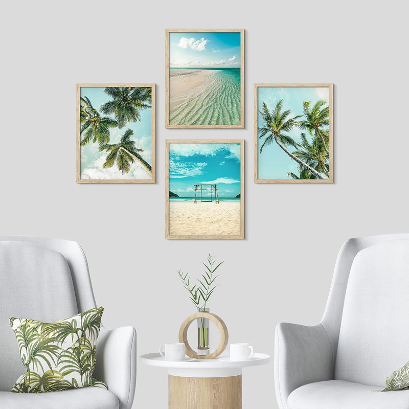 «Topical Teal Sky Palm Tree Beach Ocean Seaside», reproduction encadrée de 4 pièces, H 16 po x l 12 po x P 1 po