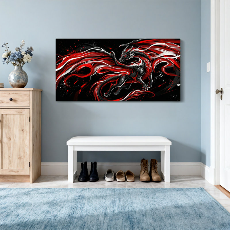 Animaux, dragon rouge avec des ailes et des flammes, H 28 po x l 58 po