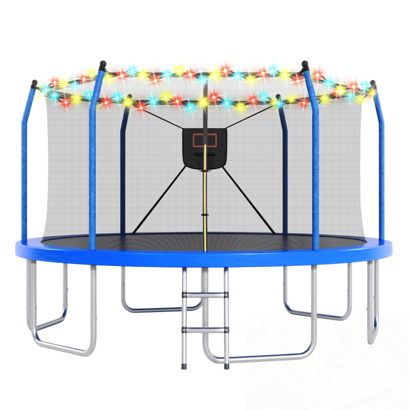 Trampoline avec lumières et panier de basketball, Bleu