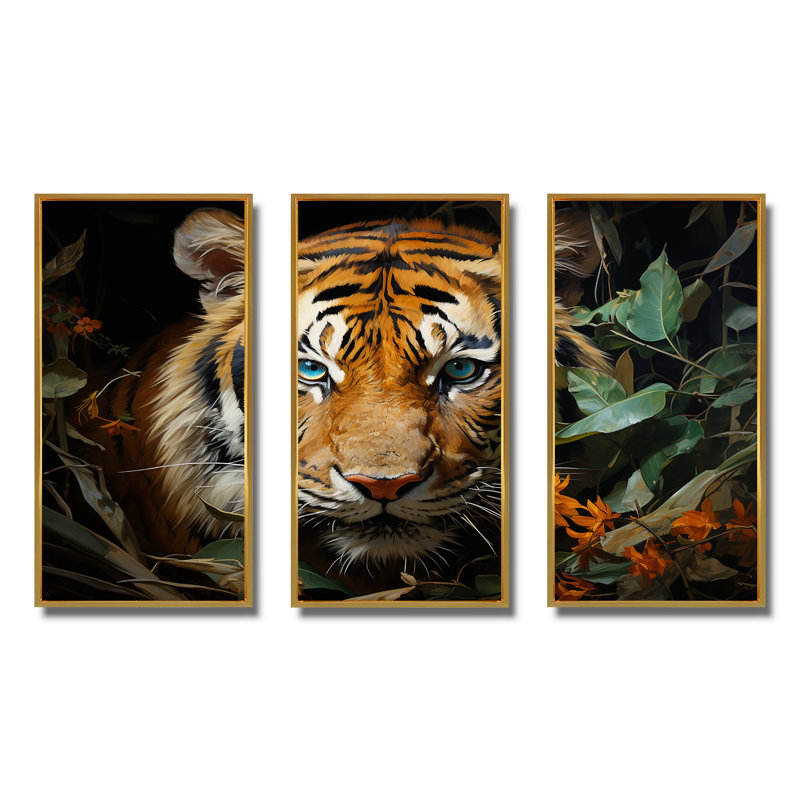 Feline Focus Tigers In Jungle 1 - Art mural jungle, Cadre flottant doré, H 28 po x l 36 po