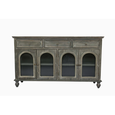 Farmhouse Distressed Wood Sideboard with Drawers and Glass Doors, Rustic Credenza
