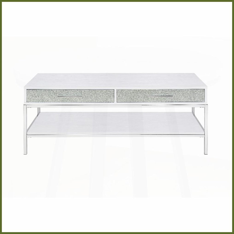 Table basse White Mirage: structure en fer chromé, plateau en mélamine de 15 mm avec 2 tiroirs silencieux et amp; Rangement