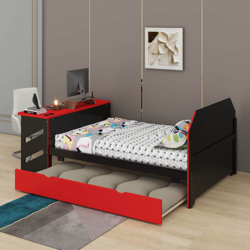 Full Size Wood Daybed With Trundle,Desk And USB, Red