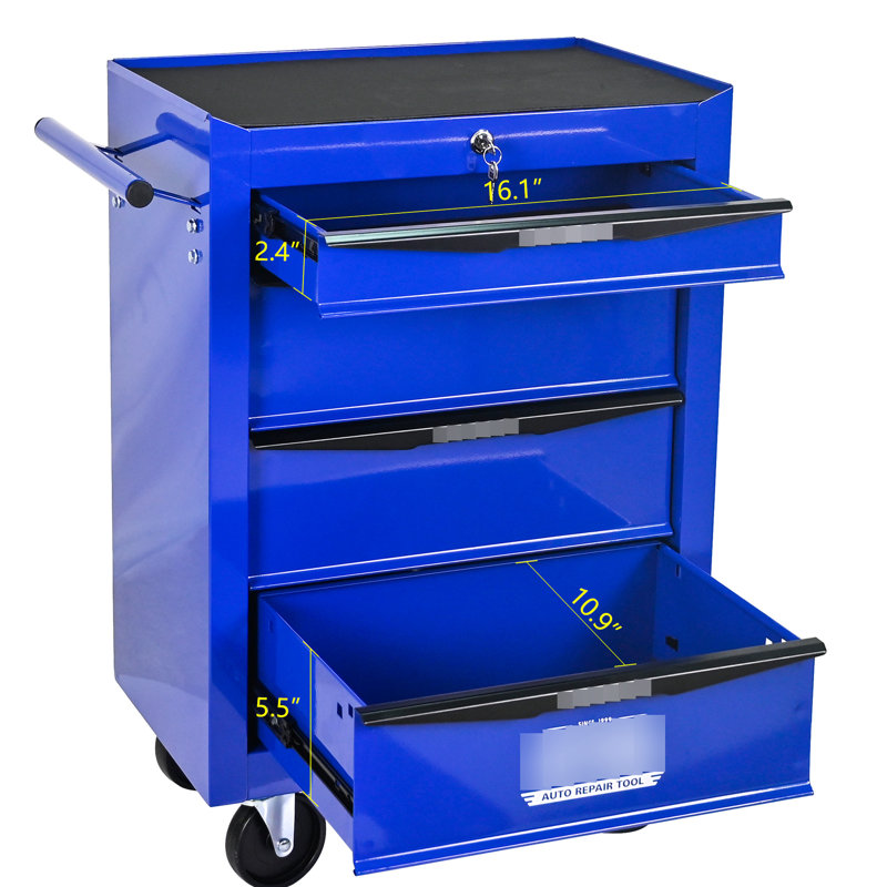 4, coffre à outils multifonctionnel, boîte en métal, glissières à roulement, serrure à clé, armoire à coffre en acier 20 po 4 po, finition noire et bleue, tiroir 4 roues universelles 2 verrouillables, poignée à tirer pour l'utilisateur