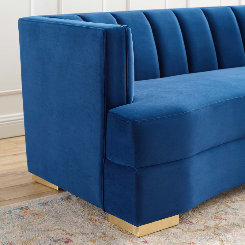 Navy Tufted Velvet Tuxedo Arm Sofa with Wood Legs