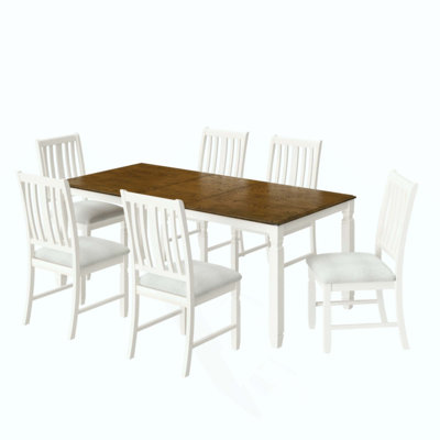 7-Piece Extendable Dining Table Set for 6, Farmhouse Oak Veneer Table and 6 Upholstered Slat Back Chairs, Solid Rubberwood Frame Space-Saving Dining S