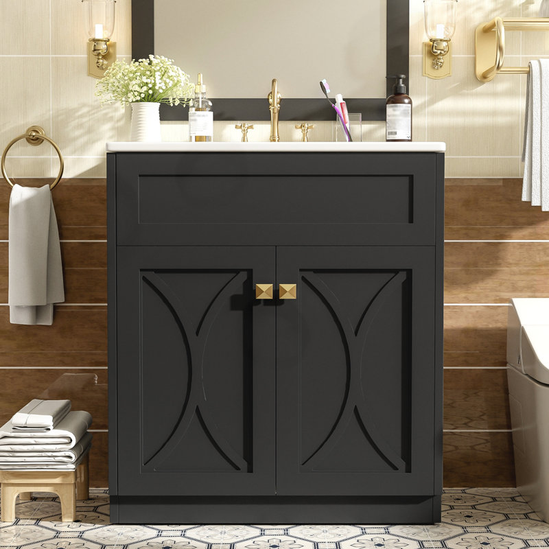 Ensemble de meuble-lavabo avec lavabo en céramique et portes à fermeture en douceur, Noir