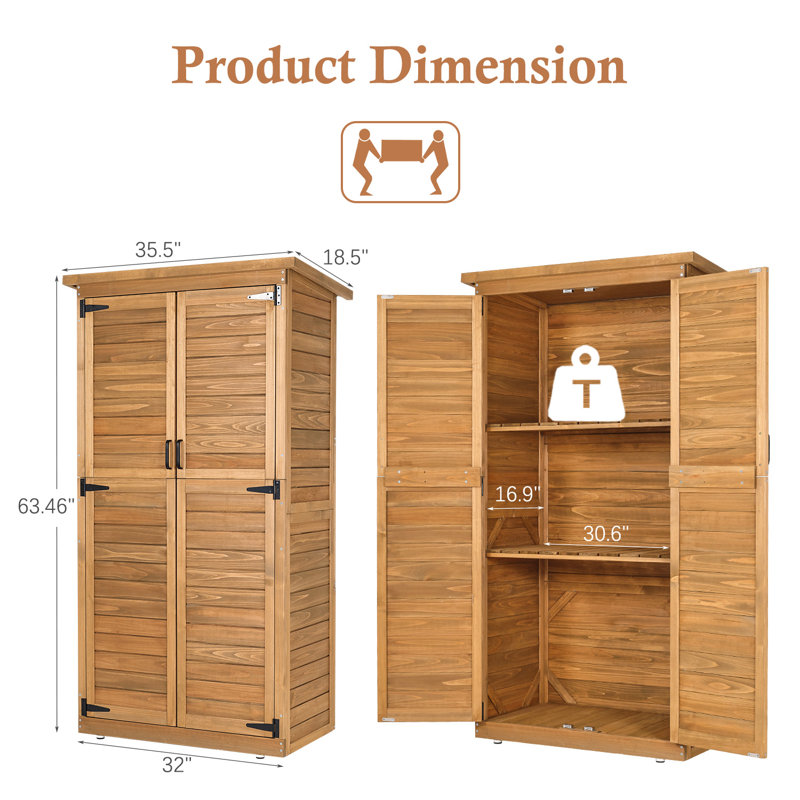  Wood Outdoor Storage Shed, 65.47" Tall Cabinet with 2 Adjustable Heavy Duty Shelves, Weatherproof Garden Tool Organizer for Patio, Lawn, Backyard & Pool Supplies