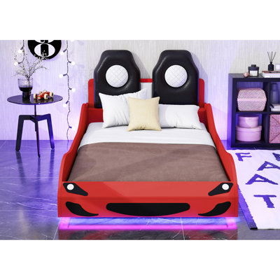 Wood Race Car-Shaped Platform Bed With LED And Upholstered Backrest