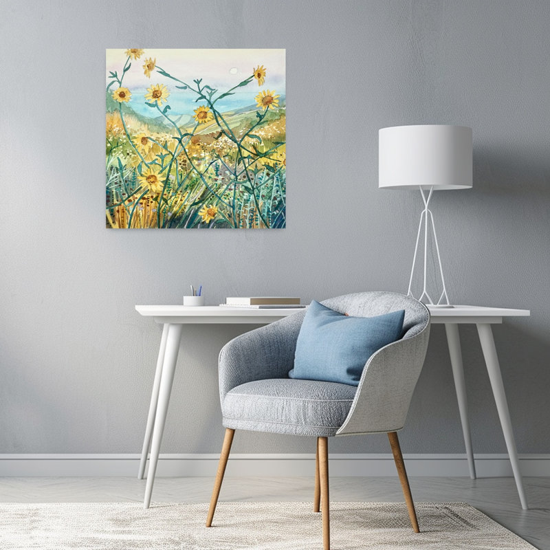 Fleurs ensoleillées, vue sur l'océan, H 24 po x l 24 po
