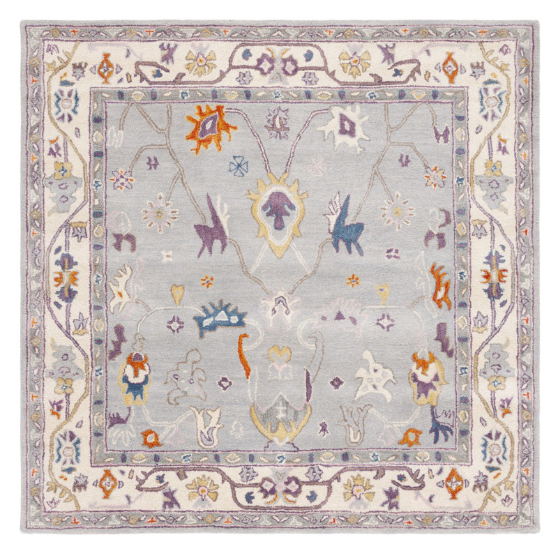 Tapis gris / ivoire en laine touffeté à la main Chasteen, Carré 6 pi