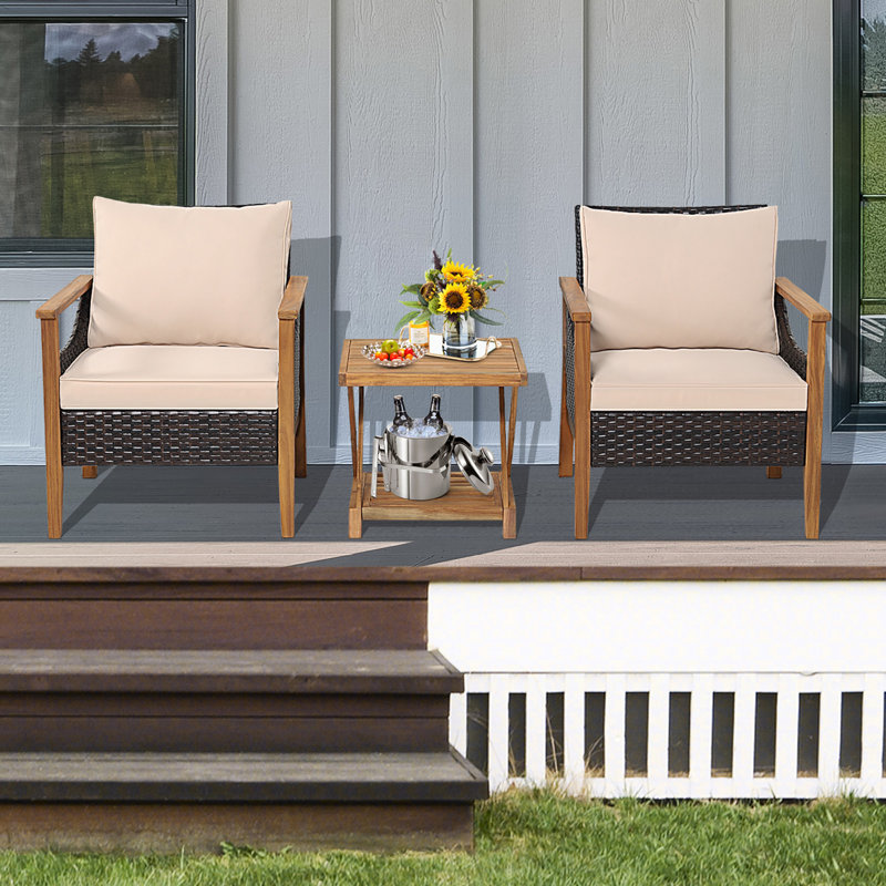 2 - Person Acacia Wood Patio Dining Set with Square Table , Cushions Included
