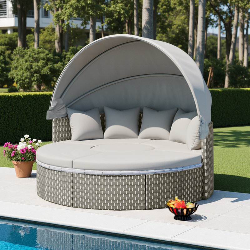 Patio Furniture Round Outdoor Sectional Sofa Set Rattan Daybed Two-Tone Weave Sunbed With Retractable Canopy, Separate Seating And Removable Cushion