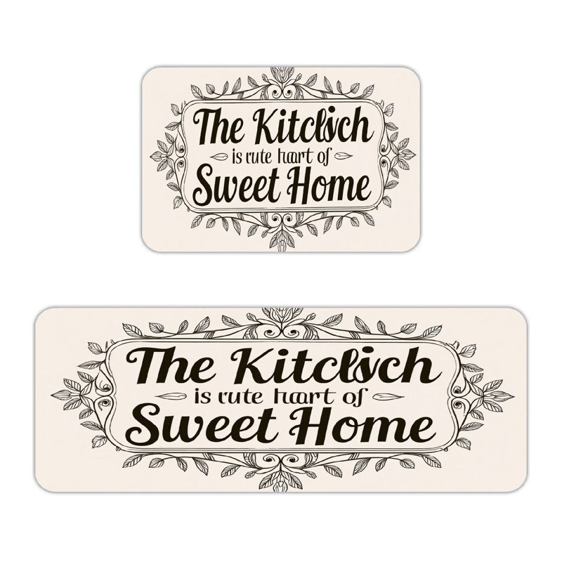 Vintage Floral Framed Kitchen Quote 2 Piece Kitchen Rugs for Decor, Kitchen Counter, Beige