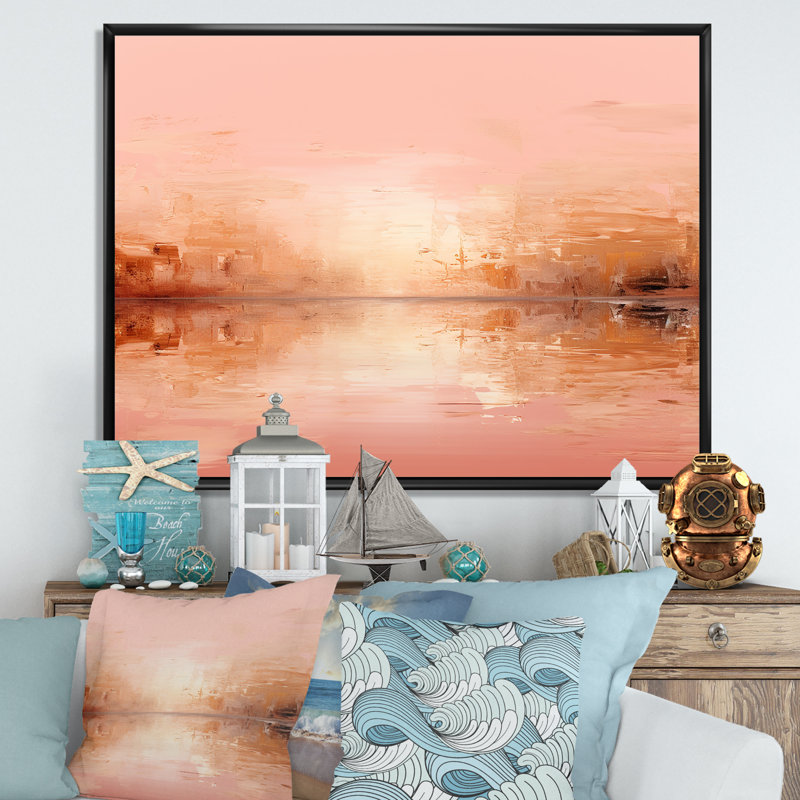 «Pink and Golden Evening Glow Sunset» - art mural coucher de soleil côtier, Cadre flottant noir, H 12 po x l 20 po x P 1 po
