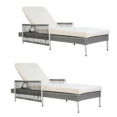 Outdoor All-Weather PE Rattan Chaise Lounge, Minimalist Patio Wicker Lounge Chair with 6 Gear Adjustable Recliner, Arms and Cushion for Poolside, Deck, Set of 2, Grey