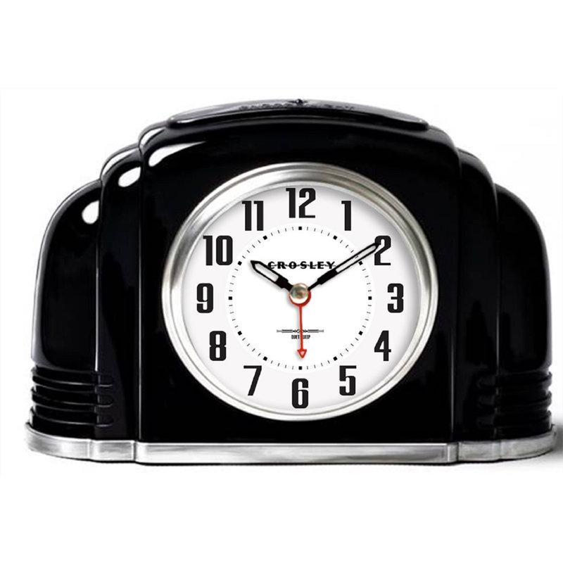 Black Art Deco Metal Analog Alarm Clock with Ivory Dial