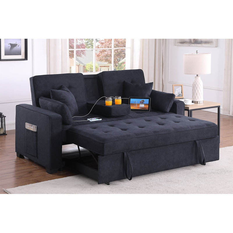 Causeuse convertible en tissu tissé gris foncé de 70 po avec console rabattable Cody II