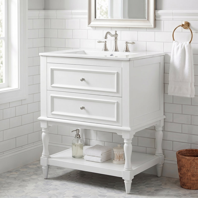 Meuble-lavabo de 24 po de conception rétro avec lavabo en céramique standard, blanc, 2 tiroirs et tablette ouverte, disposition de plomberie personnalisée, facile à nettoyer