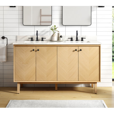 Meuble-lavabo double autoportant 60 po avec plateau en quartz Adele