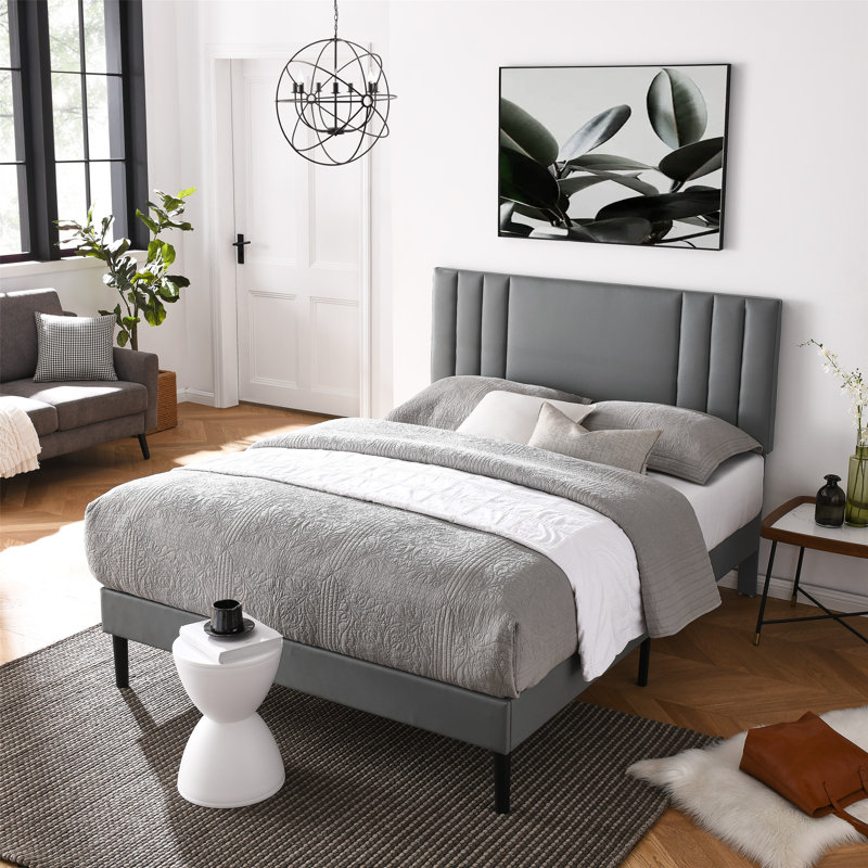 Tufted Upholstered Platform Bed with Adjustable Height Headboard for Bedroom, Wooden Slats, King, Gray