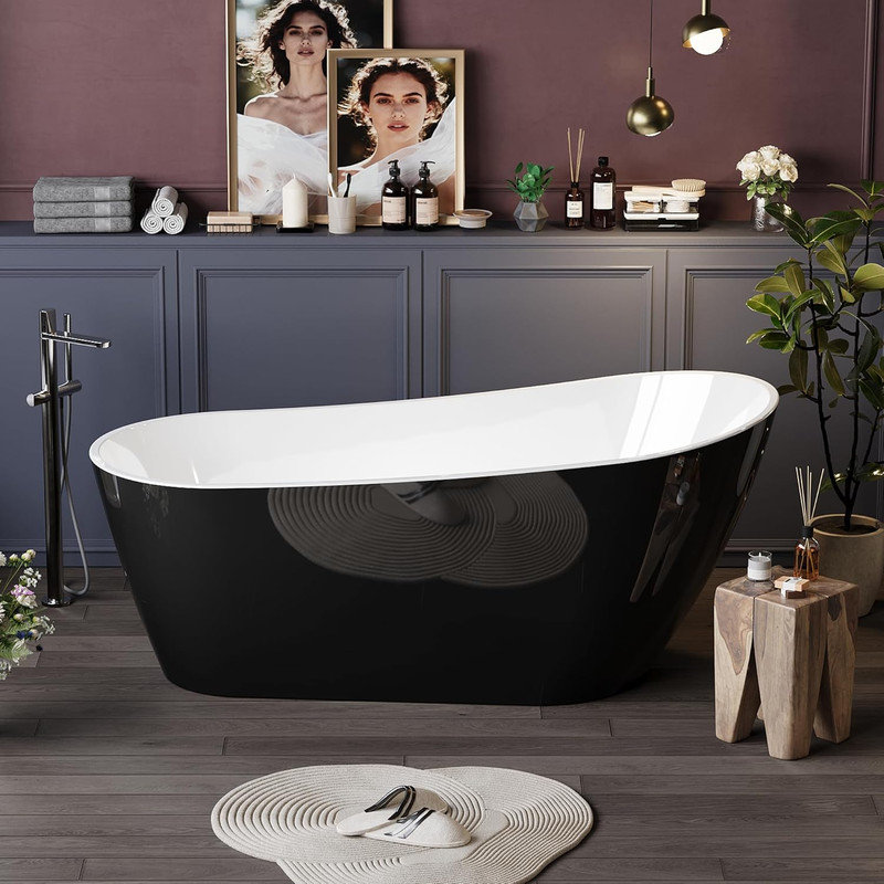 59"/67" Deep Soaking Acrylic Bathtub, Non-Slip with cUPC Chrome Drain, Black Upturned Modern Bath