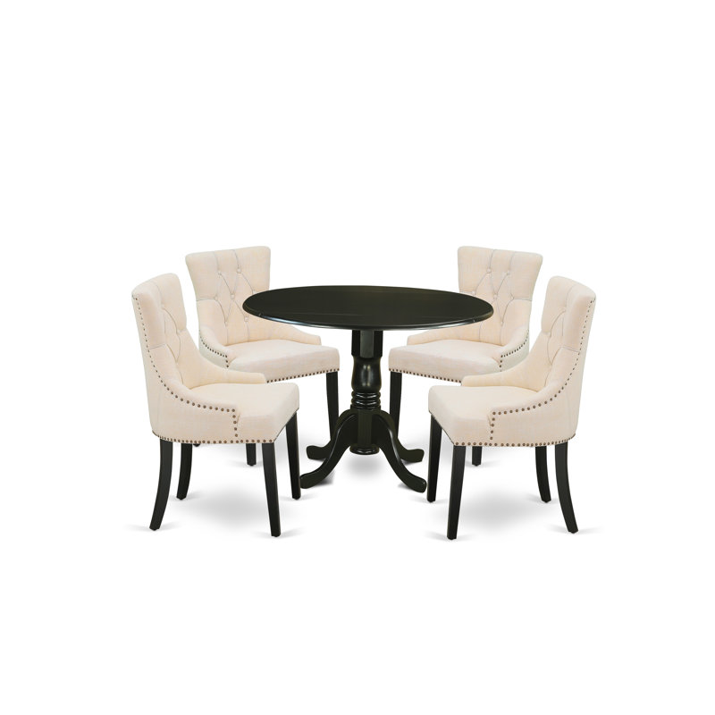 5 Piece Modern Dining Table Set Includes a Round Wooden Table with Dropleaf and 4 Light Beige Linen Fabric Upholstered Chairs, Black