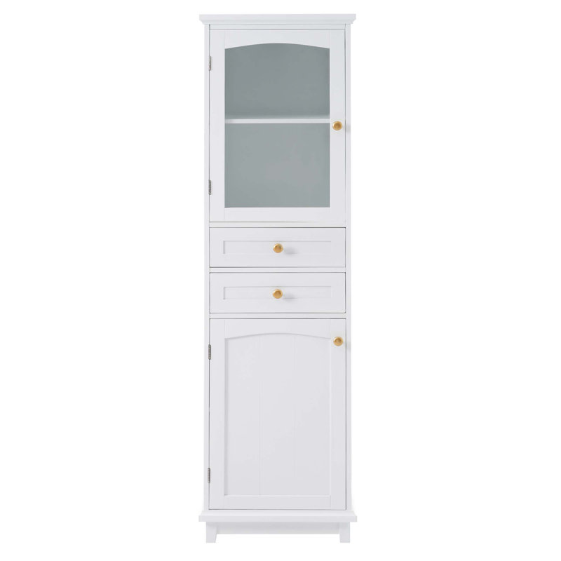 63 Inch Tall Bathroom Storage Cabinet With Glass Doors, Two Drawers, And Adjustable Shelves For Elegant Display And Organization