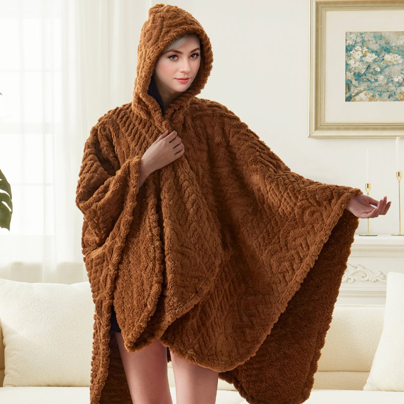 Fleece Hooded Blanket with Hood, Fluffy Fluffy Shawl with Pockets, Brown