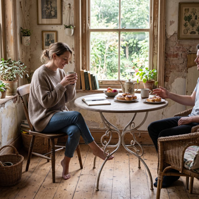 Table ronde en bois avec pieds à volutes en métal