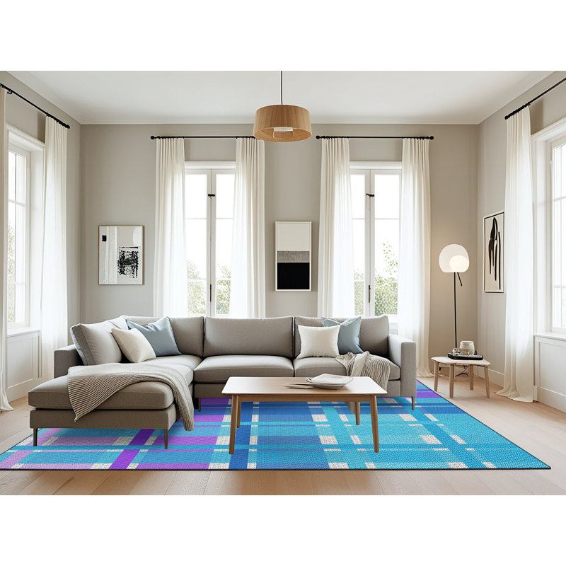 Tapis rouge/bleu à motifs, Rectangulaire 8 pi x 10 pi