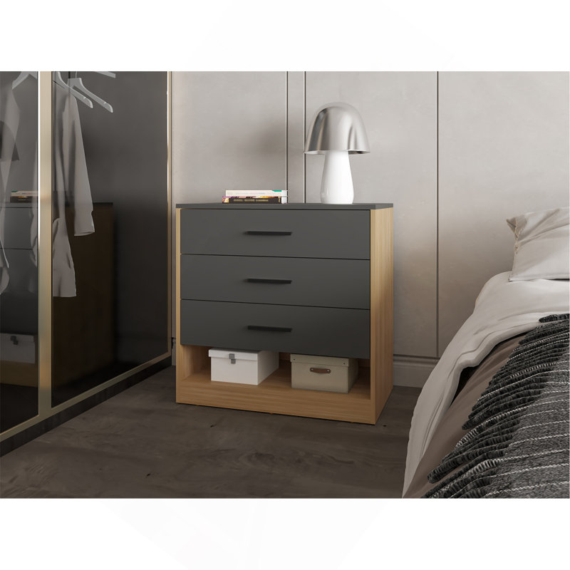 Commode avec 3 tiroirs et tablette ouverte Lowrys, chêne naturel et gris mat