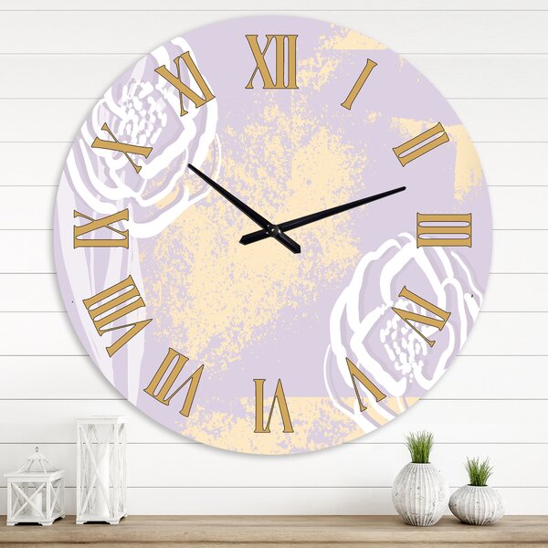 White Florals On Chic Gold Rustic Lavender Background - Modern Wall Clock East Urban Home Size: Oversized